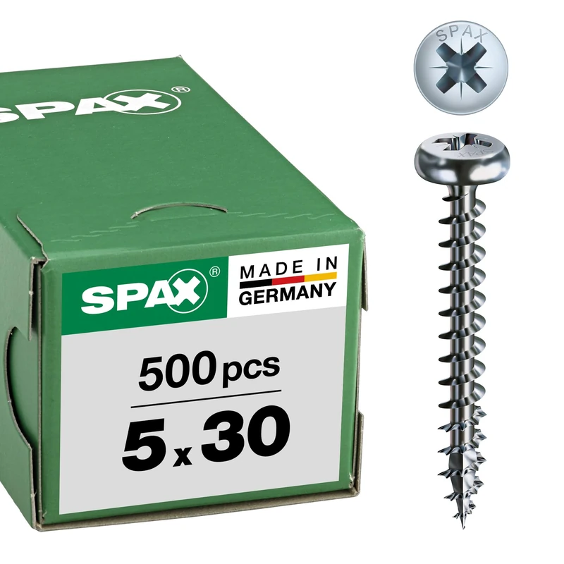SPAX Universal screw, 5 x 30 mm, 500 pieces, full thread, pan head, cross recess Z2, 4CUT, WIROX - 0231010500305