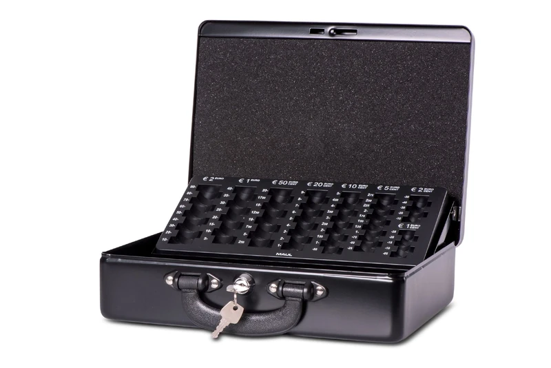 Maul Cash Box with Counting Insert, Steel, Euro Insert, Security Cylinder Lock, 300 x 245 x 93 mm, Black