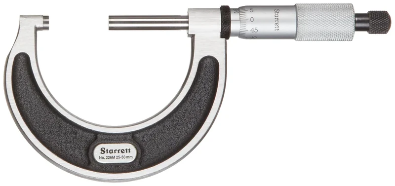 Starrett V226MXRL-50 Outside Micrometer, Ratchet Stop, Lock Nut, Carbide Faces, 25-50 mm Range, 0.001 mm Graduation, +/-0.002 mm Accuracy