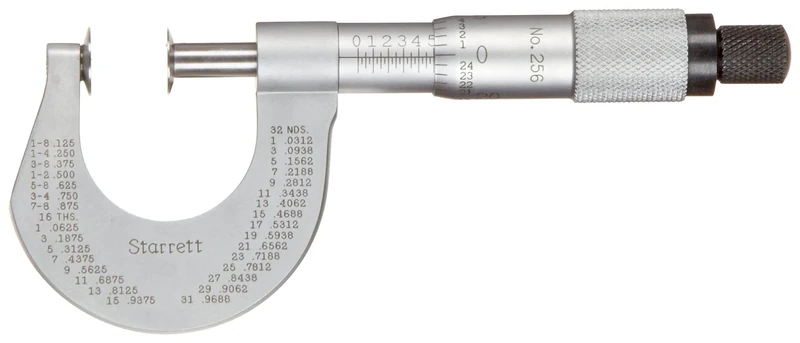 Starrett 256PN-1 Disc-Type Micrometer, Plain Thimble, 0-1" Range, 0.001" Graduation, +/-0.00015" Accuracy