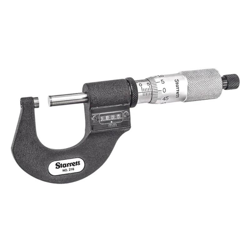 Starrett V216MXRL-25 Digital Micrometer, Ratchet Stop, Lock Nut, Carbide Faces, 0-25 mm Range, 0.001 mm Graduation, +/-0.002 mm Accuracy