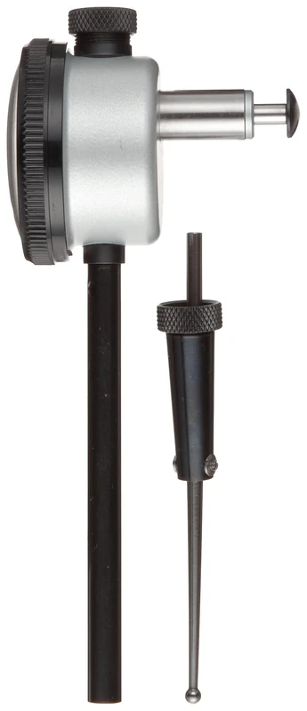 Starrett 650B1 Dial Indicator with Deep Hole Attachment, 0.375" Stem Dia., Back Plunger, White Dial, 0-100 Reading, 1.6875" Dial Dia., 0-0.2" Range, 0.001" Graduation