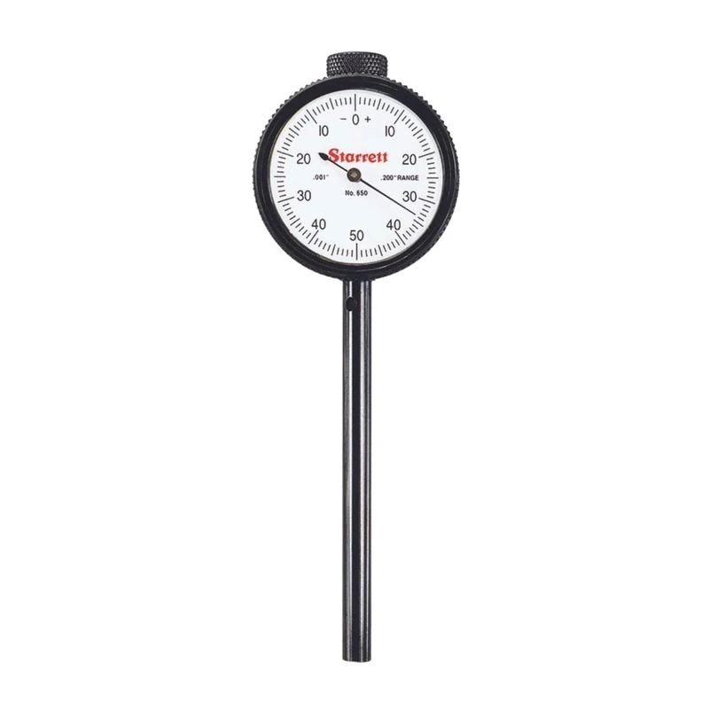 Starrett 650B5 Dial Indicator with Deep Hole Attachment, 0.375" Stem Dia., Back Plunger, White Dial, 0-50-0 Reading, 1.6875" Dial Dia., 0-0.2" Range, 0.001" Graduation