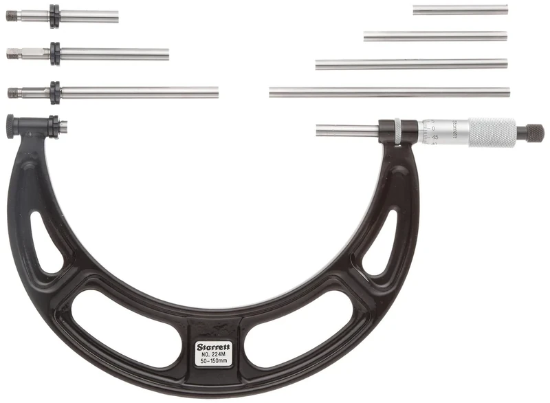 Starrett 224MGRLZ Interchangeable Anvil Micrometer, Ratchet Stop, Lock Nut, 150-300 mm Range, 0.01 mm Graduation