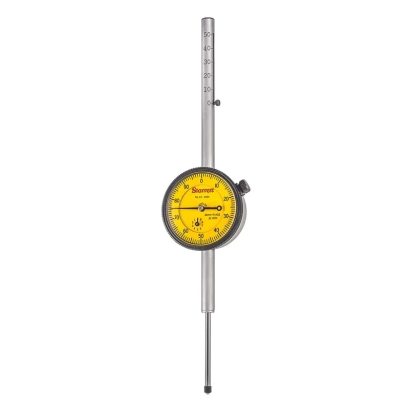 Starrett 25-2081J Dial Indicator, Long Range, 9.525 mm Stem Diameter, Lug-On-Centre Back, Yellow Dial, 0-100 Reading, 57.15 mm Dial Diameter, 0-50 mm Range, 0.01 mm Graduation