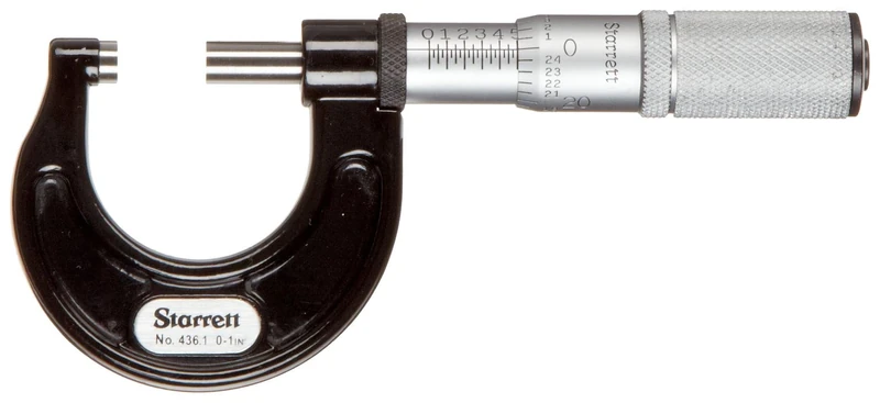 Starrett 436.1FL-1 Outside Micrometre, Friction Thimble, Lock Nut, 0-1" Range, 0.001" Graduation, +/-0.0001" Accuracy