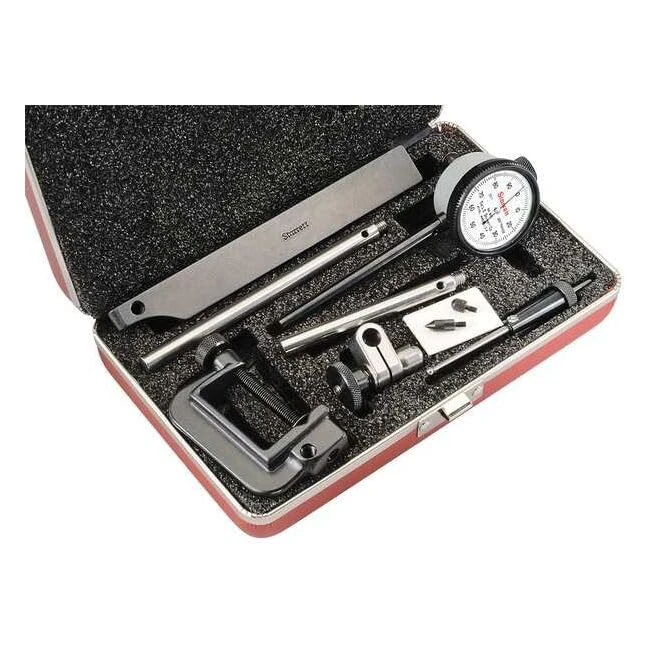 Starrett 650A1Z Dial Indicator with Deep Hole Attachment, 0.375" Stem Dia., Back Plunger, White Dial, 0-100 Reading, 1.6875" Dial Dia., 0-0.2" Range, 0.001" Graduation
