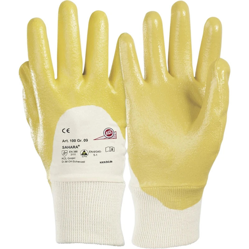 KCL Sahara 100 Mechanical Gloves, Nitrile, Water Resistant, Powderfree, Unisex, Suitable for Construction/Assembly/Transportation, Yellow, Size 10, 010010141E (BAG of 10 Pairs)
