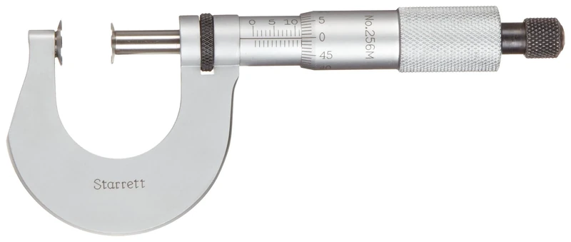 Starrett 256MRL-25 Disc-Type Micrometer, Ratchet Stop, Lock Nut, 0-25 mm Range, 0.01" Graduation, +/-0.003 mm Accuracy
