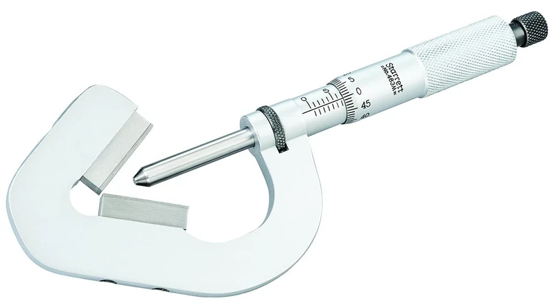 Starrett 483MXRL-25 V-Anvil Micrometre, Ratchet Stop, Lock Nut, Carbide Faces, 2-25mm Range, 0.01mm Graduation, Measures 3 Flutes, Tapered Spindle