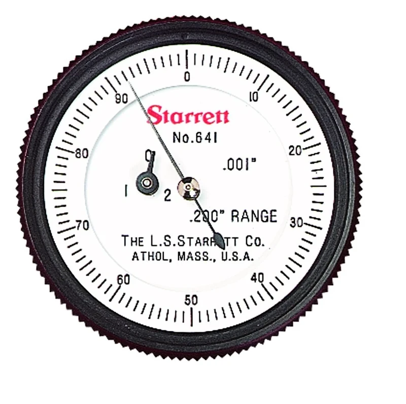 Starrett 641 Dial Indicator without Shank, 0.374" Stem Dia., Back Plunger, White Dial, 0-100 Reading, 1.673" Dial Dia., 0-0.2" Range, 0.001" Graduation