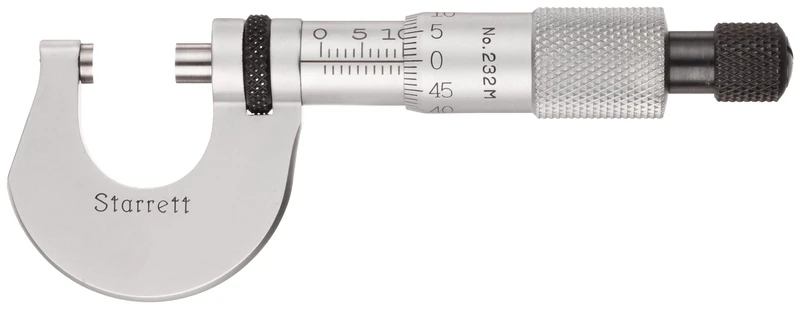 Starrett 232MRL Outside Micrometer, Ratchet Stop, Lock Nut, 0-13 mm Range, 0.01 mm Graduation, +/-0.002 mm Accuracy