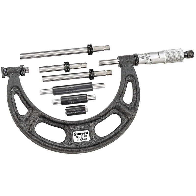 Starrett 224MAARLZ Interchangeable Anvil Micrometer, Ratchet Stop, Lock Nut, 0-100 mm Range, 0.01 mm Graduation