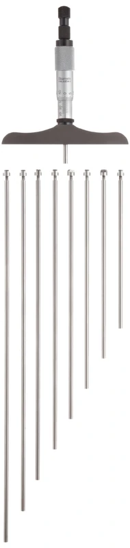 Starrett 445MAZ-150RL Vernier Depth Gauge, Ratchet Stop, Lock Nut, Micrometre Type, 0-150mm Range, 0.01mm Graduation, 75mm Base, 6 Rods, +/-0.002mm Accuracy