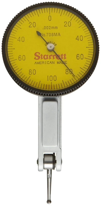 Starrett 708MAZ Dial Test Indicator without Attachments, Dovetail Mount, Yellow Dial, 0-100-0 Reading, 35mm Dial Dia., 0-0.2mm Range, 0.002mm Graduation