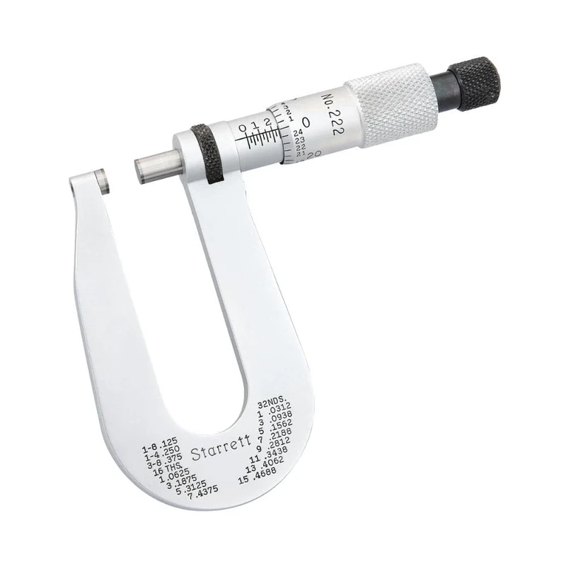 Starrett 222XRL-1/2 Sheet Metal Micrometer, Ratchet Stop, Lock Nut, Carbide Faces, 0-1/2" Range, 0.001" Graduation, Flat Anvil