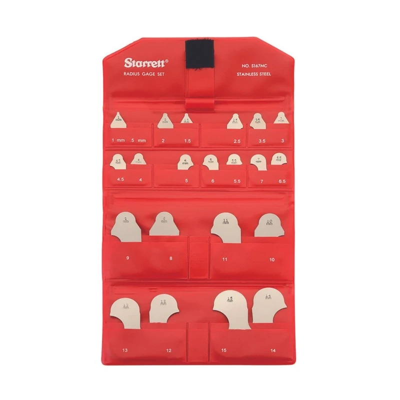 Starrett S167MCZ Combined 167MA And 167MB Radius Gauges Inch Set Without Holder, Satin Finish, 1-15 mm Range, 0.5 mm And 1 mm Increments, 21 Gauges