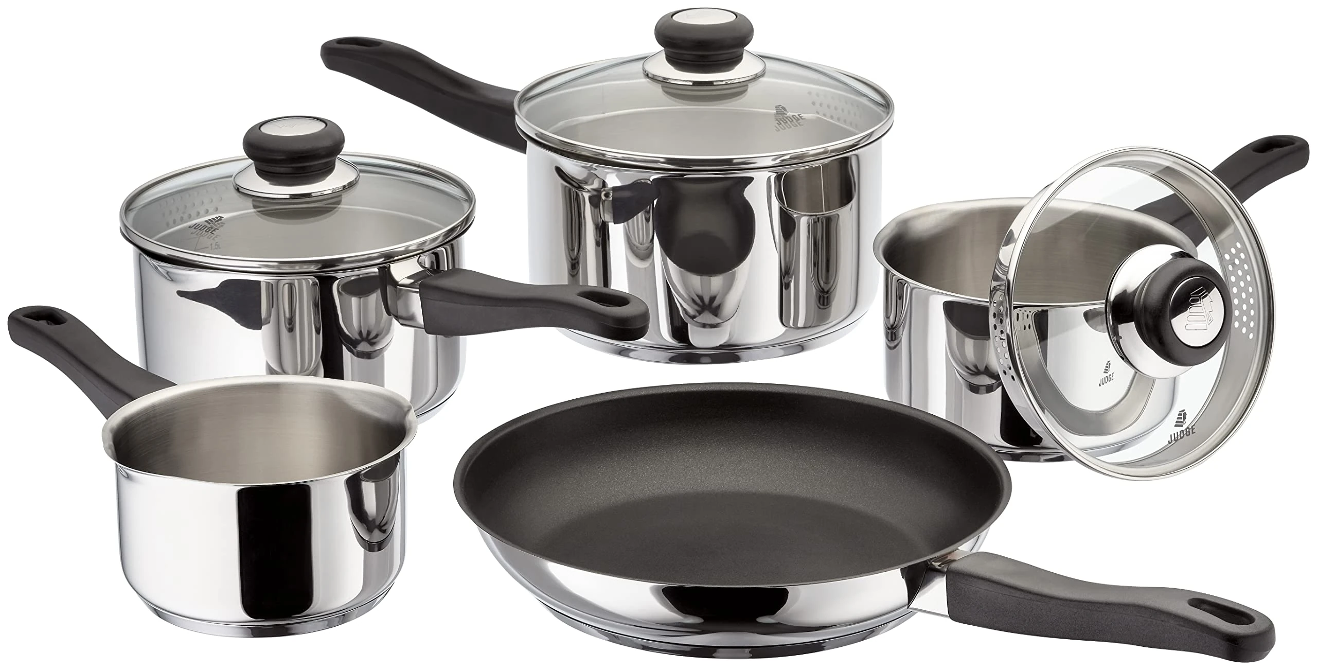 Judge Vista Draining Set of 5 Stainless Steel, 16cm 18cm 20cm Saucepans with Pouring Lip and Strainer Lids, 14cm Milk Pan, 26cm Non-Stick Frying Pan, Induction Ready, Oven Safe