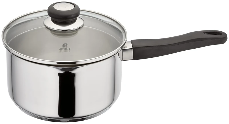 Judge Vista Draining Stainless Steel Large Saucepan with Pouring Lip 20cm 3L, Shatterproof Glass Strain & Pour Lid, Induction Ready, Oven Safe - Image 1