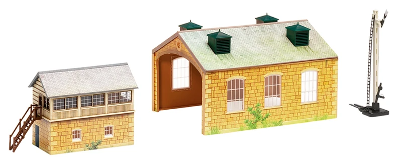 Hornby R8231 OO Gauge Building Extension Pack 5, Model Train Accessories For Adding Scenery & Buildings To 00 Gauge Model Railway, Includes: Engine Shed, Signal & Box Distant Signal - 1:76 Scale