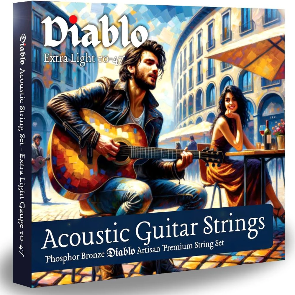 Diablo Acoustic Guitar Strings 10-47 Extra Light Gauge - Phosphor Bronze 6-String Pack for Acoustic and Semi-Acoustic Guitars