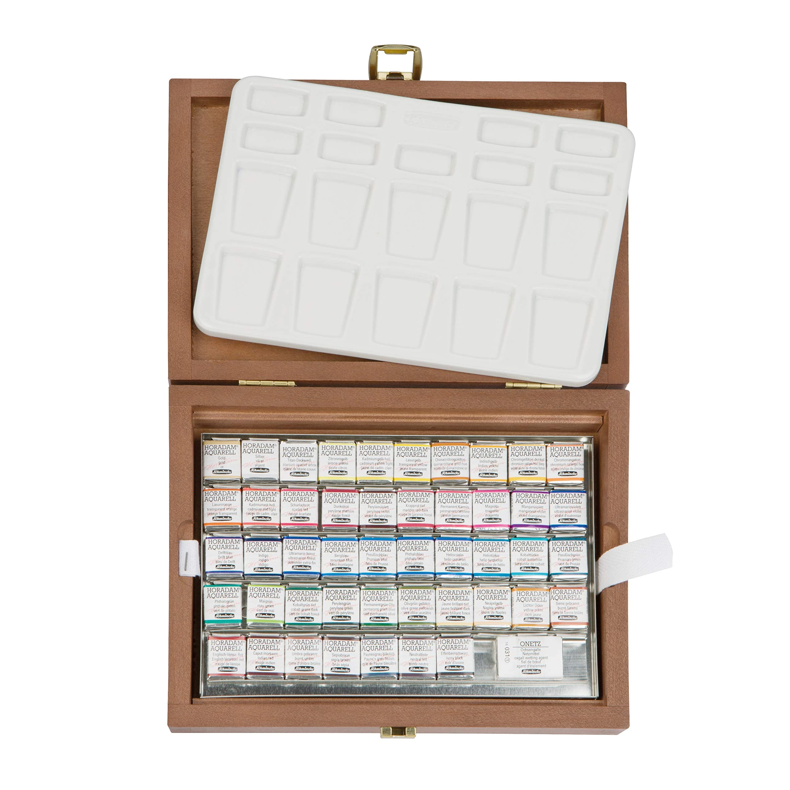 Schmincke - HORADAM AQUARELL Premium paint box with 47 colours, ONetz and porcelain palette, 74548097, wooden box, painting set, finest watercolours, 47 x 1/2 cells