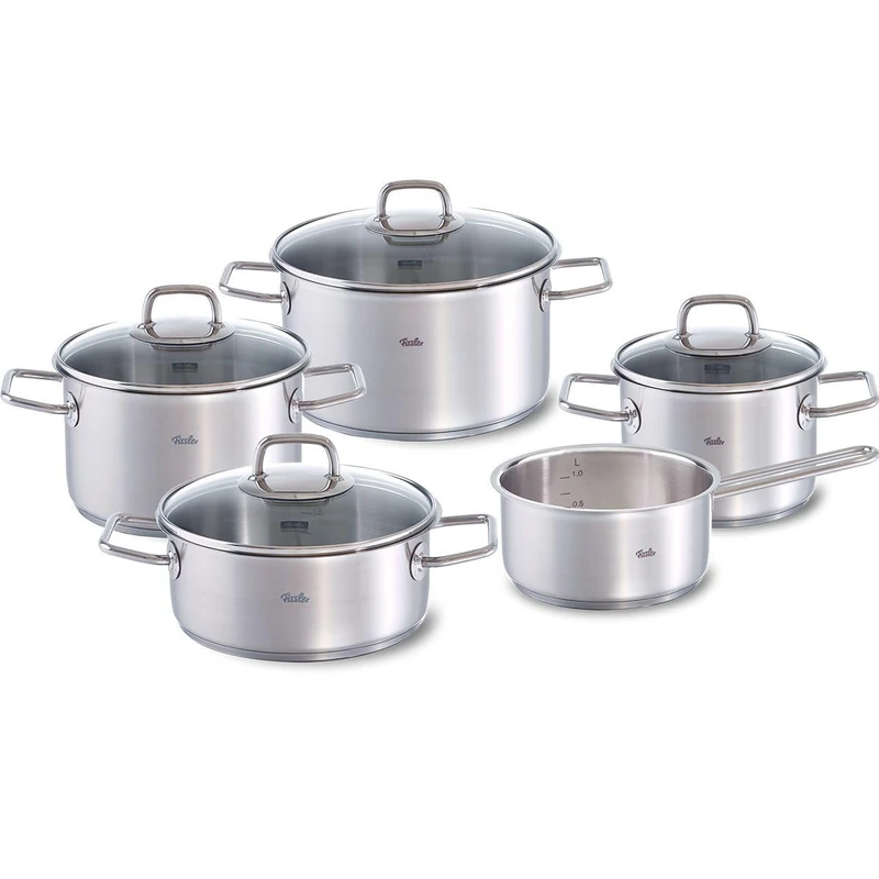 Fissler Cookware, 5-Piece Pot Set, 4 Pots with Lid, 1 Saucepan (without Lid), Suitable for All Hob Types Including Induction, Stainless steel 18/10, Viseo