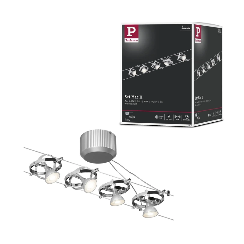 Paulmann 94133 Cable Lighting System – Mac II Set, Extendable Max 5 x 10 Watt Matt Chrome Wire Suspension Lamp Cable Lighting System Without Bulbs