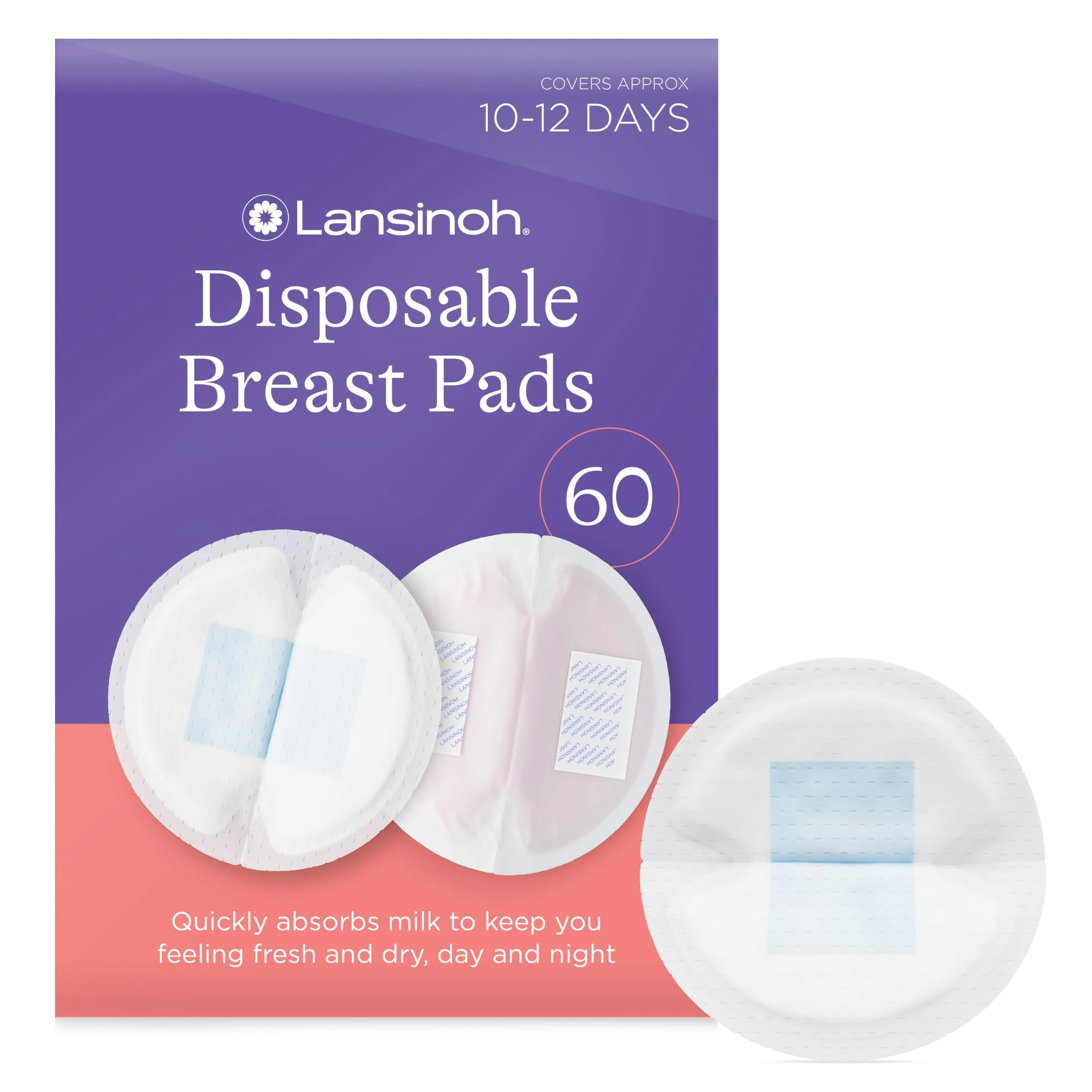 Lansinoh Disposable Breast Pads Maternity - 60 Pack - Ultra-Thin & Abosrbent Nursing Pads with BlueLock™ Core Leak-Proof Protection - Holds 20x Weight - Individually Wrapped -Breastfeeding Essentials