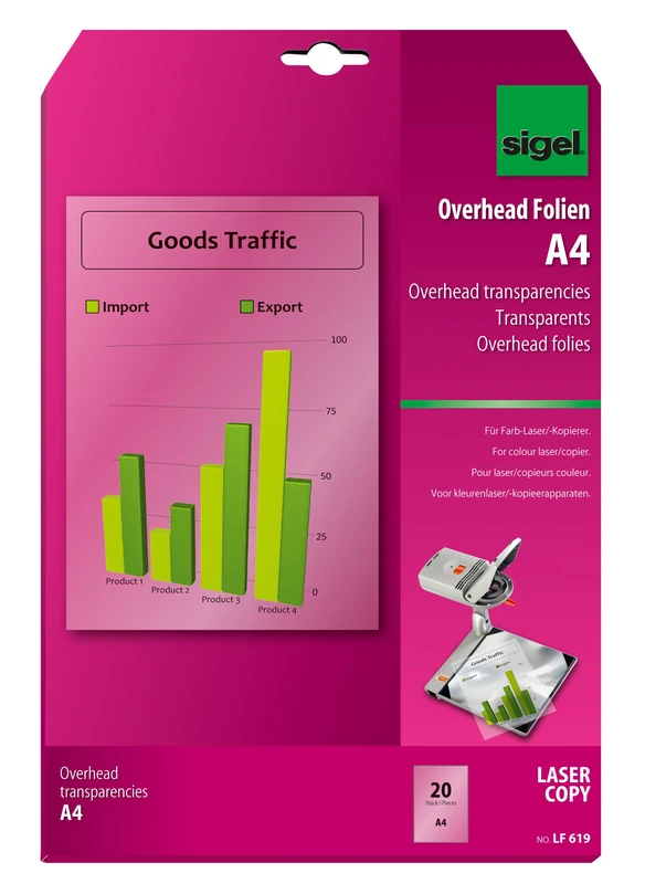 SIGEL LF619 Transparency Film for Colour Laser/Copier, clear, auto feed, heat resistant, for double-sided printouts, 125 mic, A4, 20 sheets