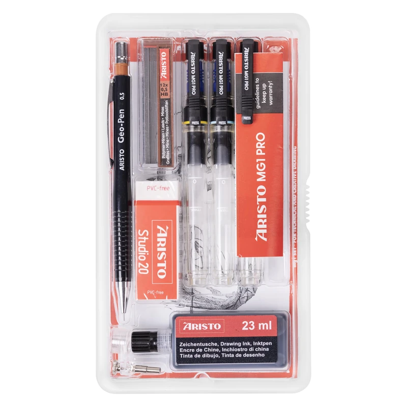 Aristo AR64150 mg1 Ink Fountain Pen Set (3 Ink Fountain pens mg1, line Widths 0.35/0.5/0.7 mm, Geo-Pen fine Lead Pencil 0.5 mm with 12 Refills, Universal Compass Attachment, Geo TB 020 Ink Lead