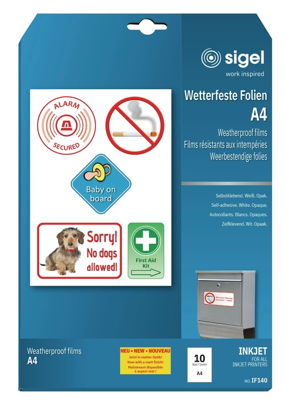 SIGEL IF140 InkJet Film, weatherproof, opaque, self-adhesive, for outdoor use, 150 mic, A4, 10 sheets