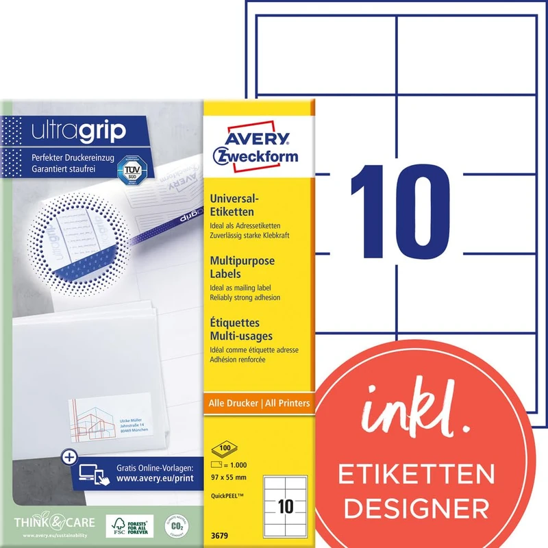 Avery Zweckform 3679 Universal Labels 97x55 mm for Inkjet Laser Copy White