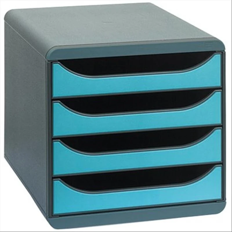 Exacompta - Ref 310782D - BIG-BOX Desktop Drawer Set - 4 x 55mm Drawers, Suitable for A4+ Documents, 347 x 278 x 267mm, 100% Recycled Plastic - Black/Turquoise
