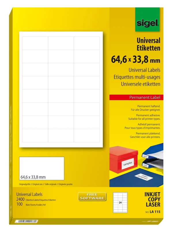 SIGEL LA115 Universal Permanent Labels, White, 6.46 x 3.38 cm, 2400 LBL = 100 Sheets, White