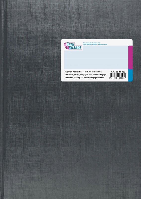 König und Ebhardt König & Ebhardt 8611033 Business Book/Column Book (A4 with Header, 3 Columns, 32 Lines, 80 g/m², 144 Sheets Thread Binding, with Number of Pages)