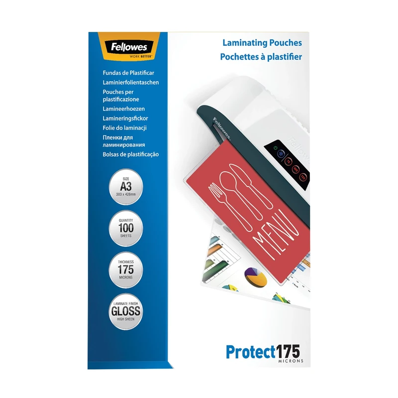 Fellowes A3 Laminating Pouches - Glossy Finish - 100 Sheets, 350 Micron (2 x 175 Micron) Premium - Ideal for Notices, Photos, Creatives, Certificates, Menus and Everyday Use