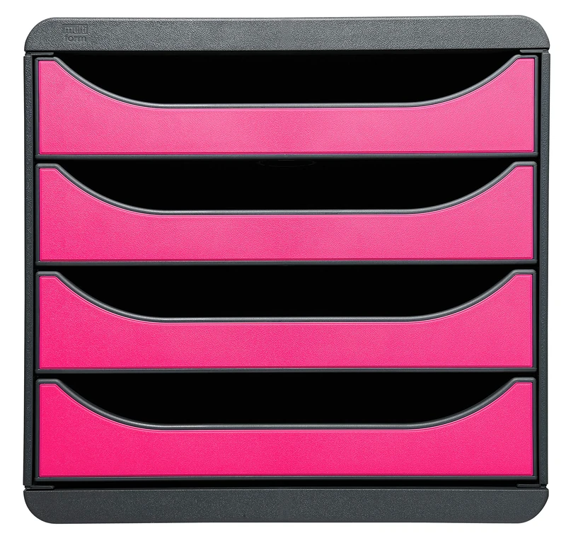 Exacompta - Ref 310784D - BIG-BOX Desktop Drawer Set - 4 x 55mm Drawers, Suitable for A4+ Documents, 347 x 278 x 267mm, 100% Recycled Plastic - Black/Raspberry