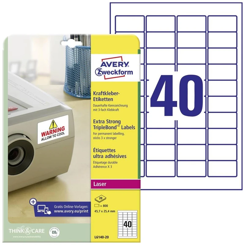 Avery TripleBond Labels Durable 40 per Sheet 45.7x25.4mm White Ref L6140-20 [800 Labels]