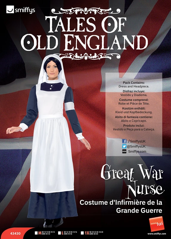 Smiffys Great War Nurse Costume for Adults with Headpiece Navy Blue White
