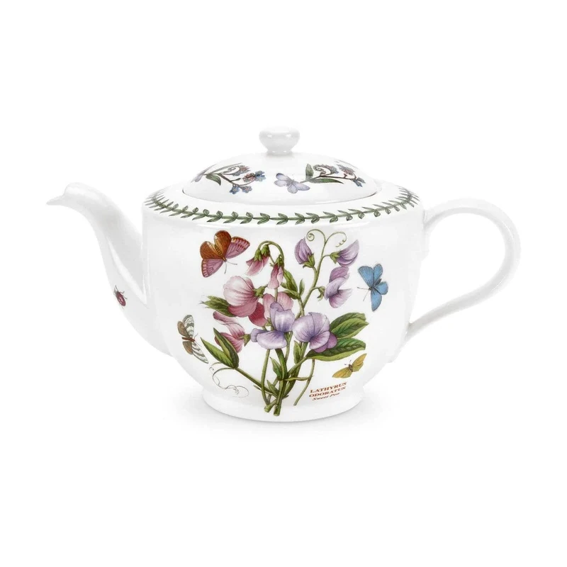 Portmeirion x Botanic Garden Teapot - Elegant 2 Pint Floral White Tea Pot, Traditional Shape, Durable Made in England Earthenware for Afternoon Tea, Office, Outdoor Use or Entertaining