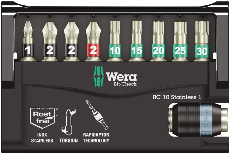 Wera Bit-Check 10 Stainless 1 SB Bit set, with Rapidaptor holder, PH/PZ/TX, 10pc, 05073630001