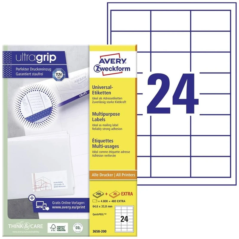 Avery Dennison Avery Zweckform 3658-200 Universal Labels 64.6x33.8 mm White for Inkjet Laser Copy