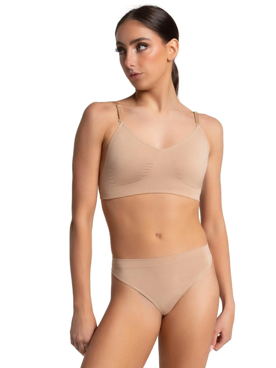 Capezio Seamless Clear Back Bras For Women, Dance & Sports Bras Women, Wear Under Leotards, Double-Layered Support Bra Detachable Clear Back Strap & Adjustable Shoulder Straps - Nude, M (Medium)