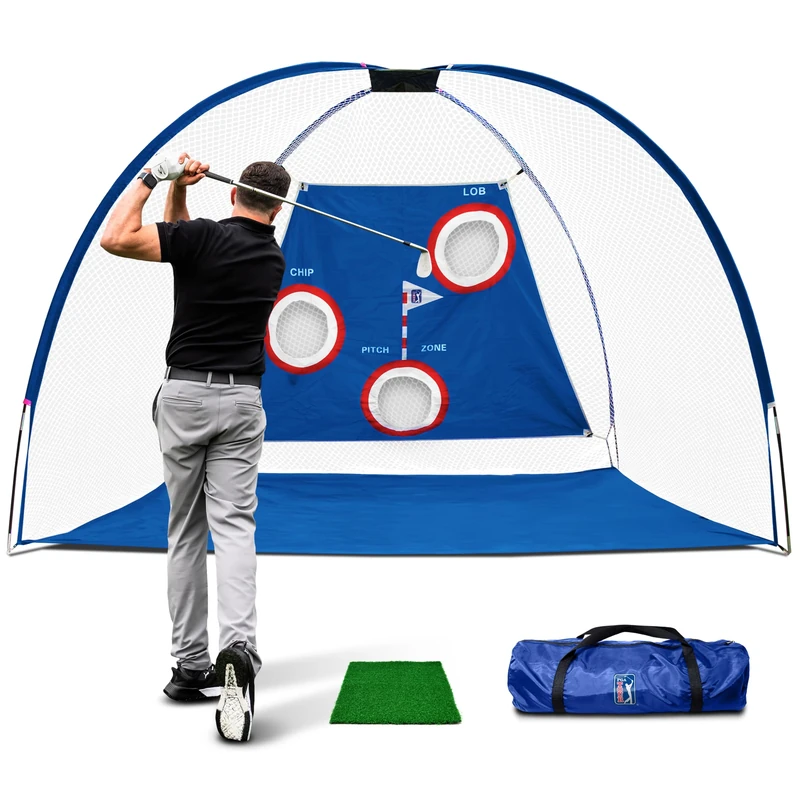 PGA Tour Pro Size Driving Net with Carry Bag - Height 214cm/7ft - Width 305cm/10ft - Depth 153cm/5ft, Blue