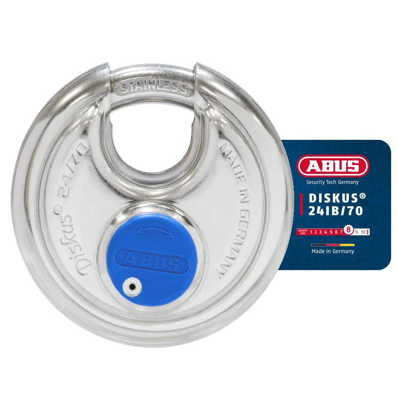 ABUS Discus padlock 24IB/70 made of stainless steel - with 360° all-round protection - for securing in extreme weather conditions - ABUS security level 8 - silver/blue