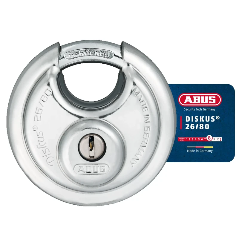 ABUS Diskus® Padlock 26/80 with 360° All-round Protection - Drilling and Pull-protected Cylinder - weather resistant and anti corrosion- for sheds, gates, garage, gym - ABUS Security Level 8 - Silver