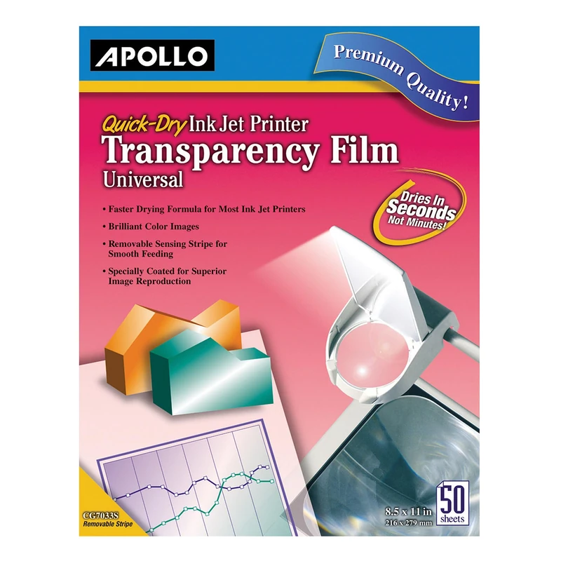 Apollo Transparency Film for Inkjet Printers, Universal, Quick Dry, 50 Sheets/Pack (VCG7033S) - Image 1
