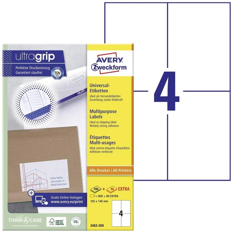 Avery Zweckform 3483-200 Universal Labels 105x148 mm for Inkjet Laser Copy White