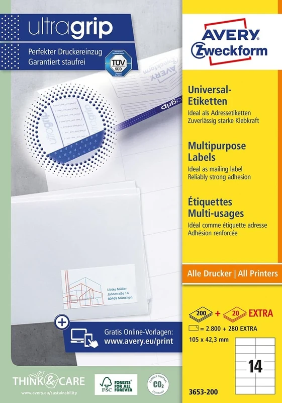 Avery Zweckform 3653-200 Universal Labels 105x42.3 mm for Inkjet Laser Copy White